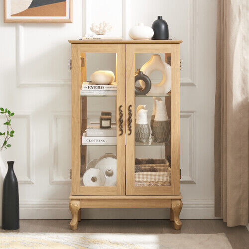 Oak 2 Doors Curio Cabinet with Tempered Glass Doors with Mirrored Back Panel - Picture 3 of 17