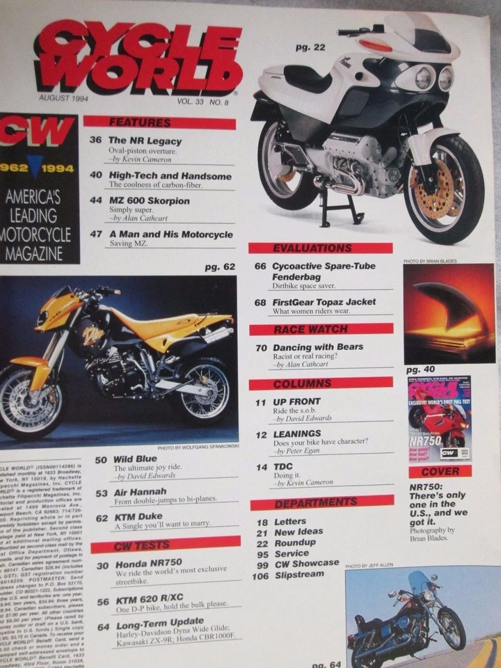 Cycle World Magazine August 1994 Honda Oval Piston NR750 KTM 620 R/XC - Image 2 of 3