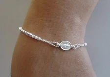 RELIGIOUS DIAMOND CUT BEADED BRACELET W/ ROSARY MEDALLION/925 STERLING SILVER 