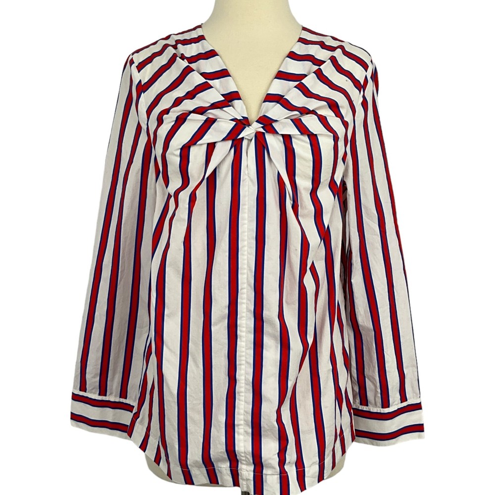 MSGM Size EUR 40 Blouse Red White Striped Long Sleeve V Neck Zip Back Cotton