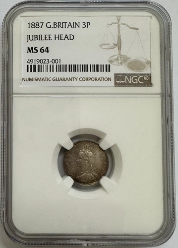Great Britain 1887 3P Threepence Queen Victoria Silver Coin NGC Graded MS 64