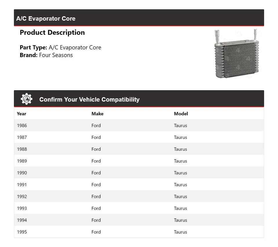 Núcleo evaporador aire acondicionado Ford Taurus 1986-1995 4 estaciones 1987 1988 1989 1990 1991 Foto 2 de 4