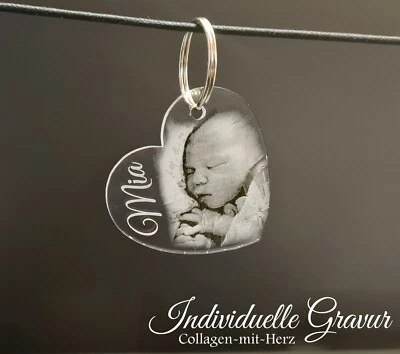 COLLAGEN MIT HERZ Anhänger Schlüssel Acrylglas + Fotogravur Geschenk Valentinstag Hochzeit Liebe