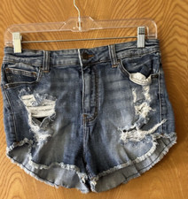 Eunina Lulu High Rise Cut Off Shortie Jean Shorts Blue Medium Stretch Distressed