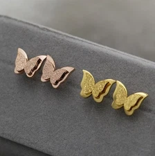 Women Girl Ear Jewelry Stainless Steel Frosted Butterfly Stud Earrings Gift PE9