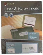 MACO White Half Sheet Laser/Inkjet Labels Factory Sealed NEW 100 sheets ML-0200