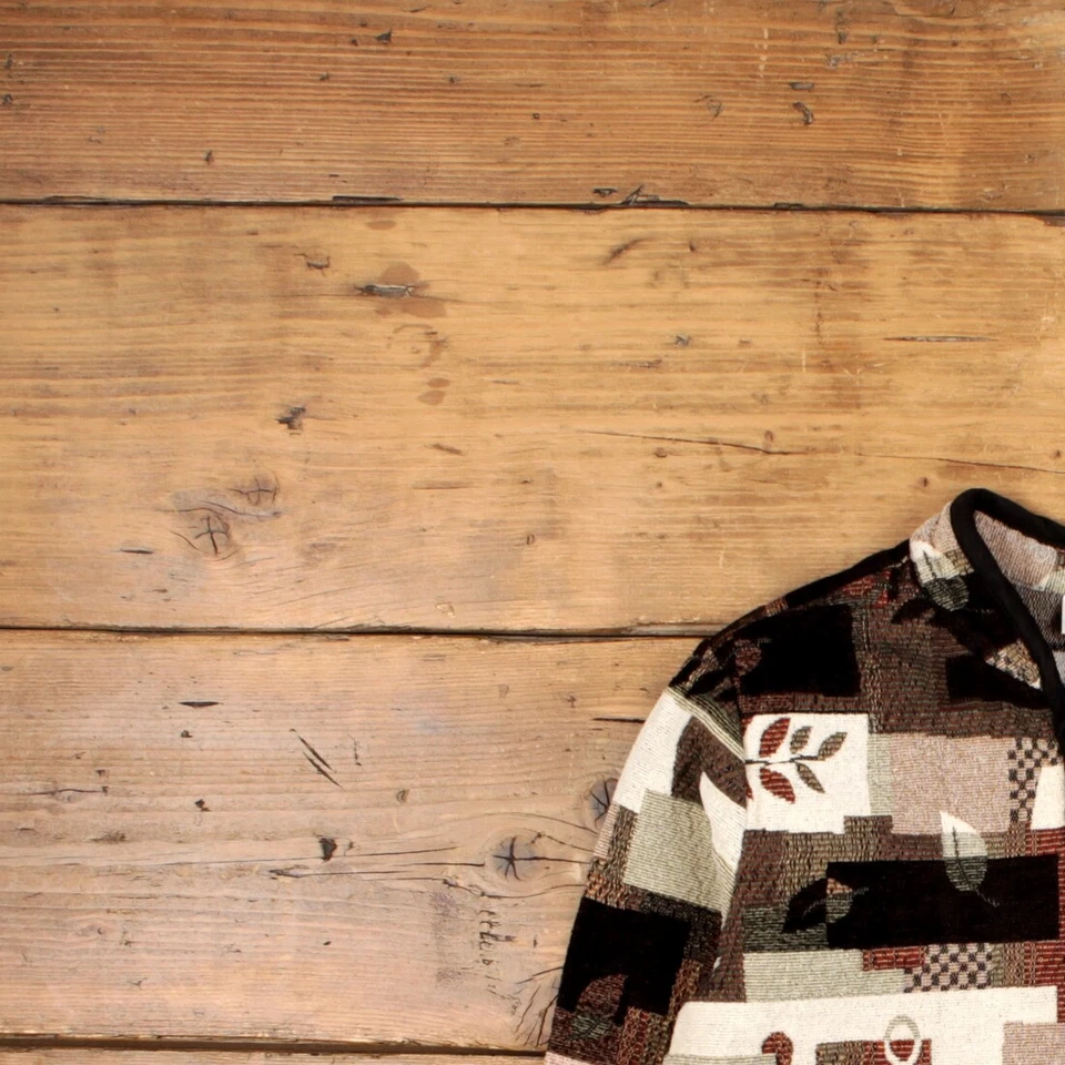 Chaqueta tapiz vintage Studio Works M retazos geométricos marrón para mujer Foto 4 de 4