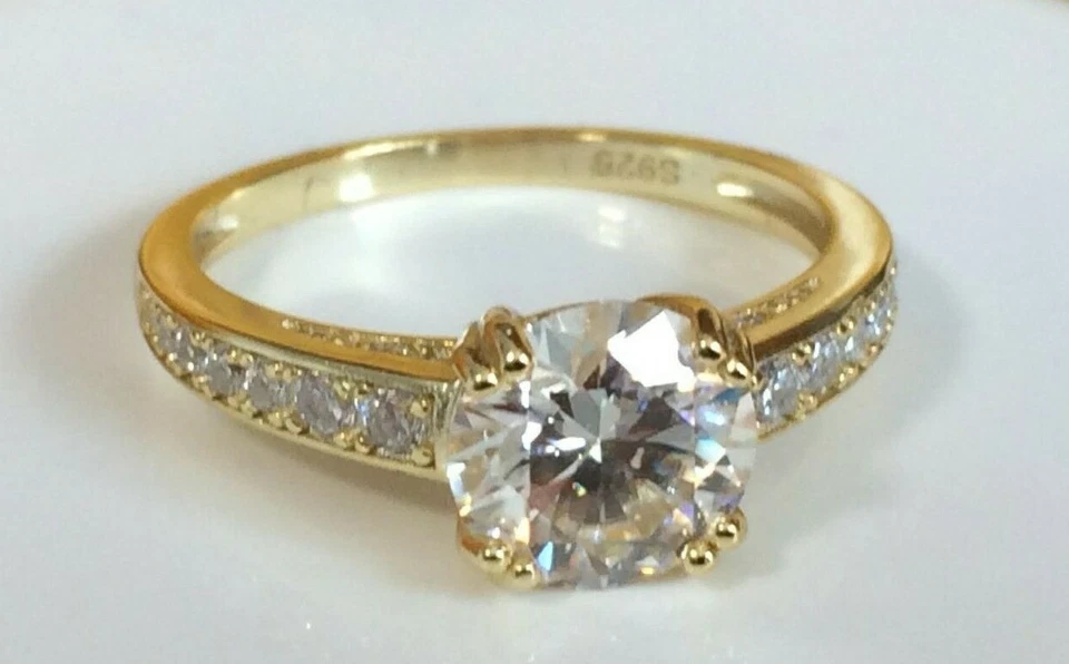 Moissanite Diamond Ring 8mm Round 2ct Stone 14k Gold Plated Sizes 6 to 10 US - Image 2 of 4