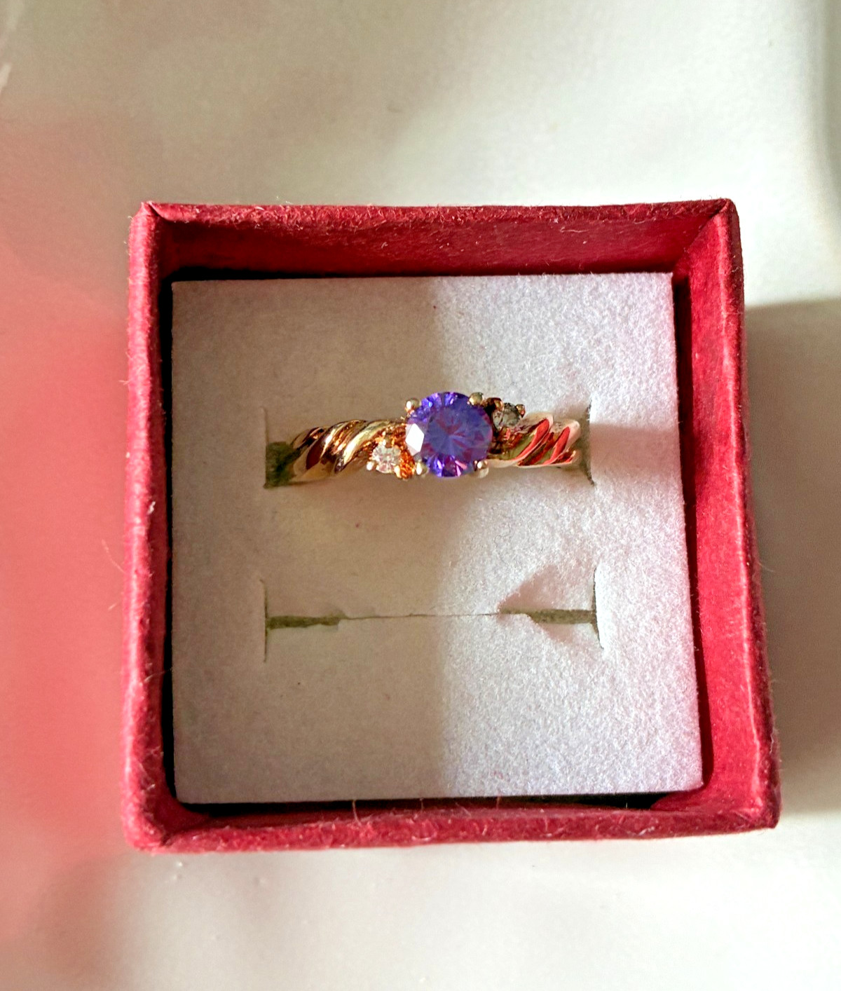 Gold Ring W Pretty Purple Stone Stackable Offset … - image 7