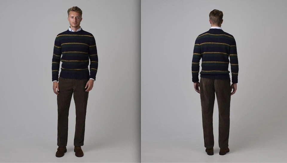 Drakes Navy Green Yelow Wool 100% Knit Border Sweater Size 46 Made in Italy - Image 3 of 4