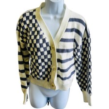 Moon Madison checker stripe knit cardigan sweater cream navy M cozy Y2K