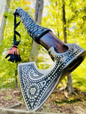 CRAFTTAL Hacha vikinga LARP hacha 1095 acero al carbono hecha a mano con protección de cuero
