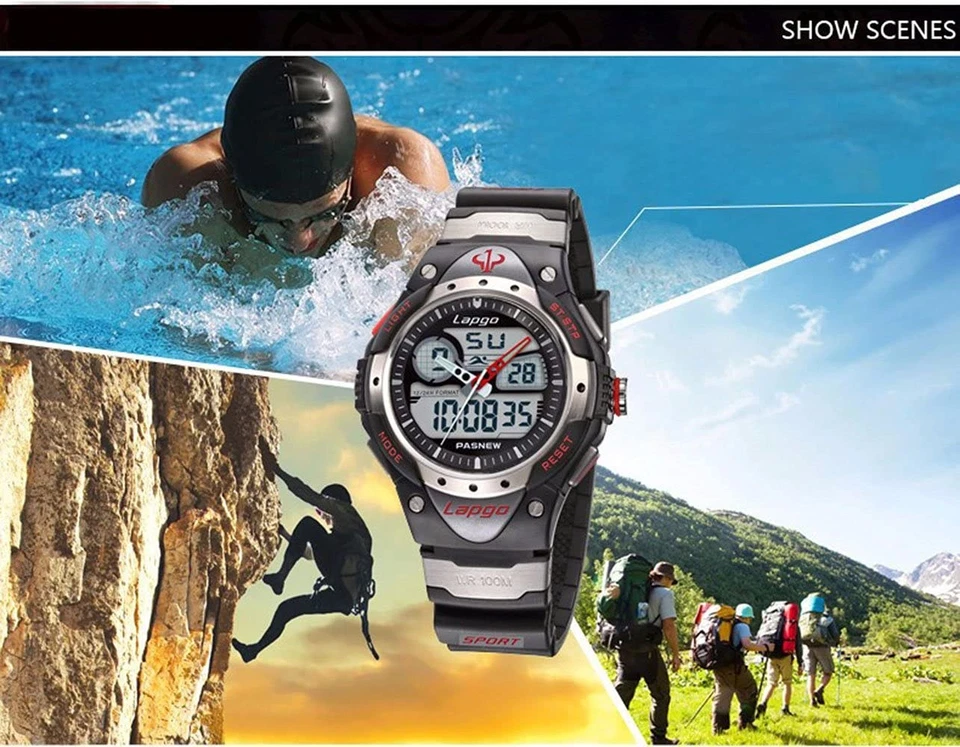 PASNEW 运动手表 防水 双时间 闹钟 秒表 银色 男式 — 第 4/4 张图片