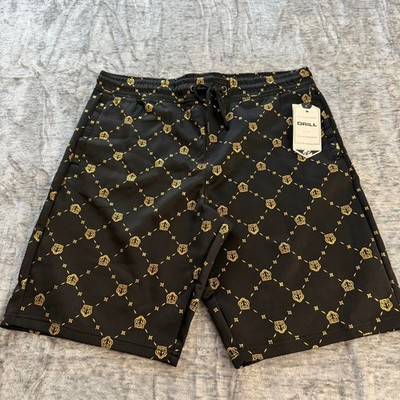 DRILL Men's Black Gold Pattern Athletic Shorts Large Polyester Spandex