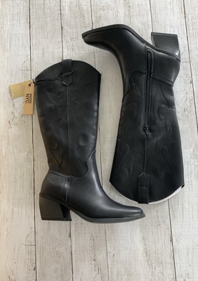 Steve Madden NYC Womens Embroidered Tall Western Boots Black Polyurethane Sz 7