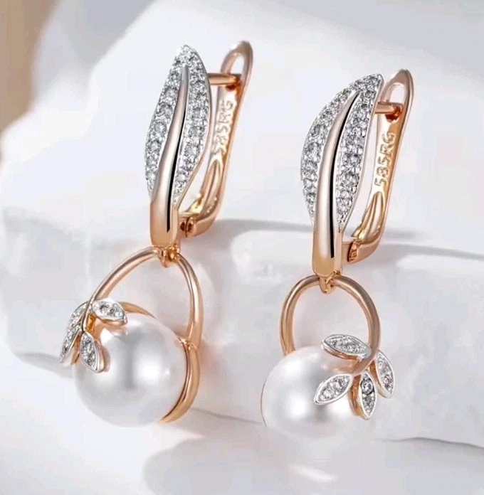 Damen Elegante Ohrringe Ohrhänger 585er Rolled Roségold Walzgold Kunstperlen CZ - Bild 3 von 4