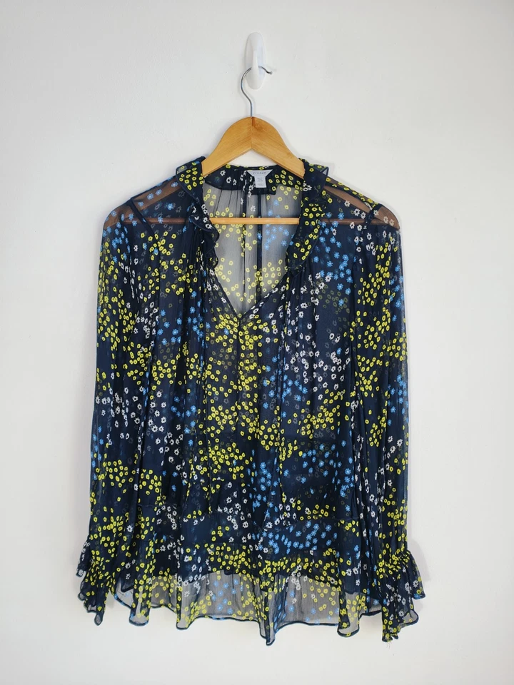Jigsaw Blouse Size 10 Womens Black Lime Blue Animal Floral Crinkle Chiffon Sheer - Image 3 of 4