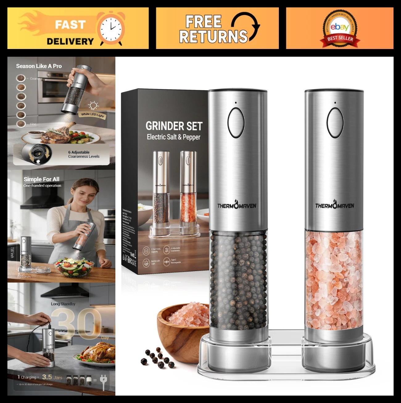 Upgraded Electric Salt & Pepper Grinder Set - 110ml Rechargeable, LED Light, Sta