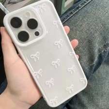 White Bow Clear Phone Case For iPhone 16 15 14 13 12 11 Pro Max Shockproof Cover