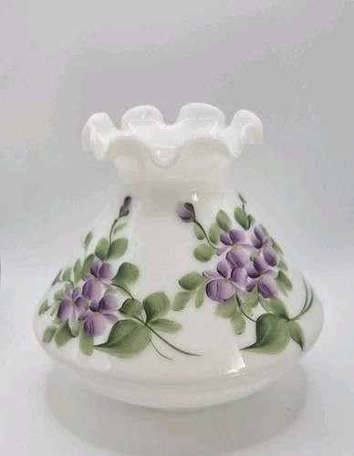 Vintage Milk Glass Hurricane Lampshade Hand Painted Purple Flowers