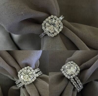 2 Ct Round Cut Moissanite Halo Engagement Wedding Ring Set Solid 14k White Gold