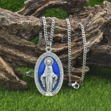 Large 1 3/4" Blue Miraculous Medal Mary Pendant Necklace Italy w 24" Curb Chain