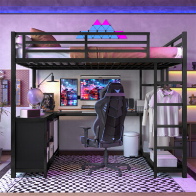 Full Size Metal Loft Bed with Open Wardrobe,L-shaped Desk & Storage Cubes,Black