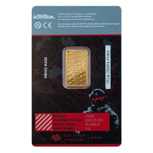 5 gram PAMP Call of Duty Modern Warfare III gold bar in black and red frame with gold bar text and certification details.