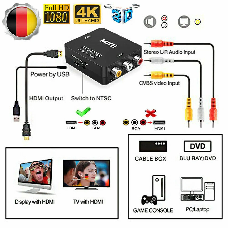 Mini AV to HDMI Video Audio Konverter 1080P 3 RCA CVBS zu HDMI Adapter Converter - Bild 2 von 4