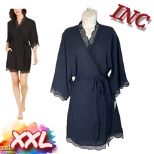 NWT INC Women's XXL Lace Trim Short Robe Black 100085683MS $70