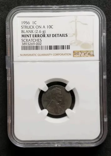 1956 P Cent Struck On a Dime Blank 2.6g Mint Error XF Details NGC certified