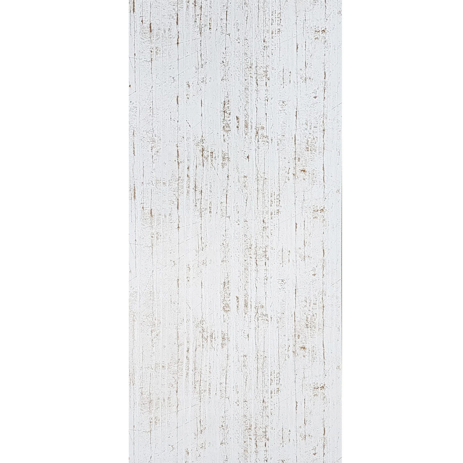 Vertical white textured wallpaper with cracks, frayed edges, and metallic gold accents on a plain light background.