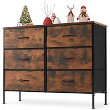 Modern 6 Drawer Storage Dresser Cabinet with Fabric Bins Storage Tower, Wood Top