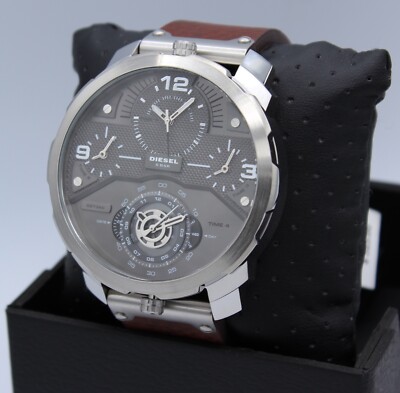 New Authentic Diesel Machinus Silver Grey Brown 4 Time Zone Men's DZ7360 Watch