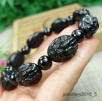 Certified Black green Burma 100% Natural A jadeite Jade Dragon Bracelets 墨翠 龙头手链