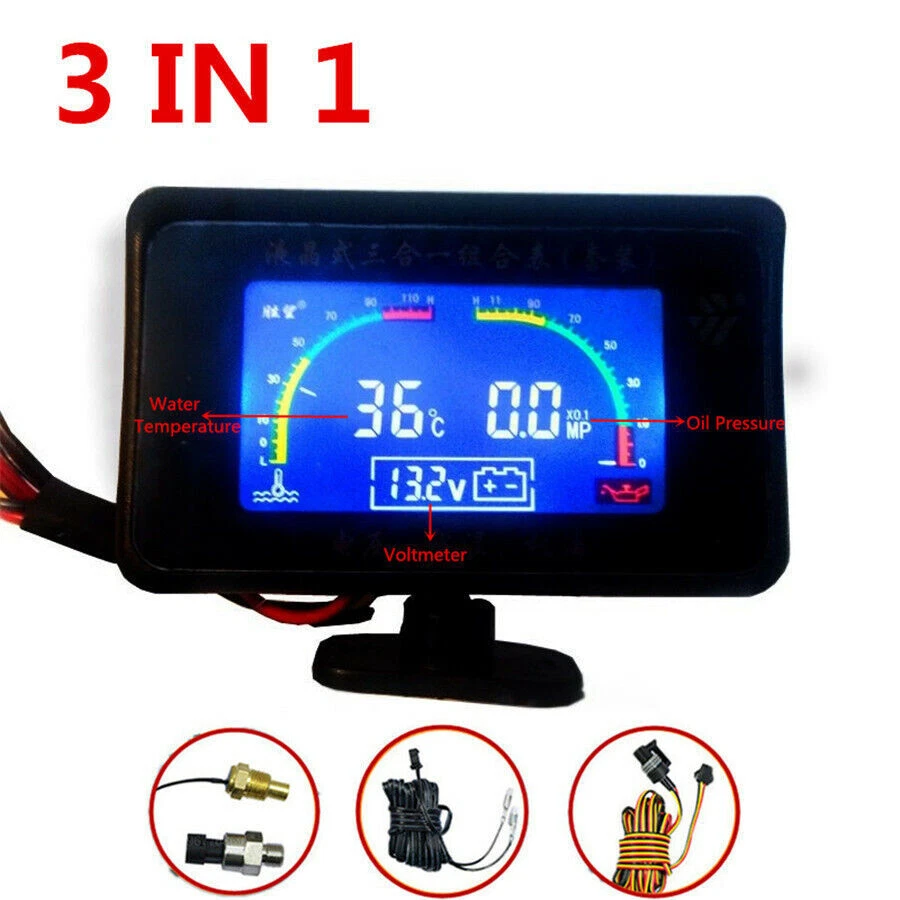 Multifunctional Car LCD 3 In 1 Water Temperature/Oil Pressure/voltage Gauges Kit — 第 2/4 张图片