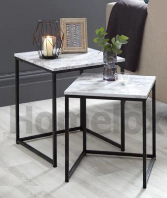 NEW LOFT RANGE MODERN SET OF 2 MARBLE EFFECT NEST OF TABLE WITH METAL FRAME