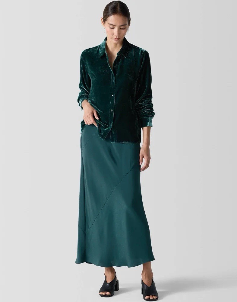 Eileen Fisher Silk Double Crepe Bias Maxi Skirt Pine S NWT $278