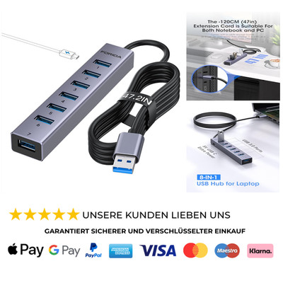 8-Port USB Multiport Hub mit 7 USBA 3.0 Datenanschlüssen mit 5Gbps