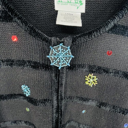 Vintage The Quacker Factory Sweater Size L Zip Beaded Embroidered Snowman Black - Picture 5 of 16