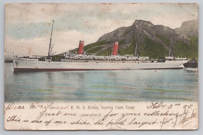 RMS Briton Schiff Postkarte, Verlässt Kapstadt, Union Line, verschickt London 1905