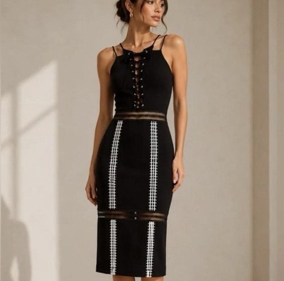 Jonathan Simkhai Dress Black Embroider Lace Up Crepe Sheer Cut Out NWT Size 4 S