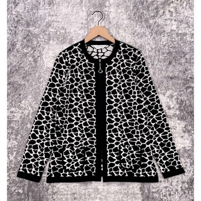Misook Jacket Small Womens Classic Knit Black Elephant Pattern Full Zip