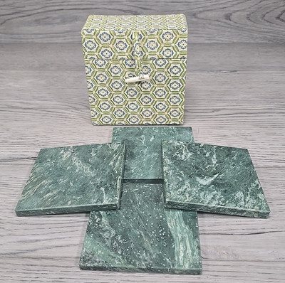 Vintage Green Marble Stone Coaster Set of 4 with Patterned Toggle Closure Box