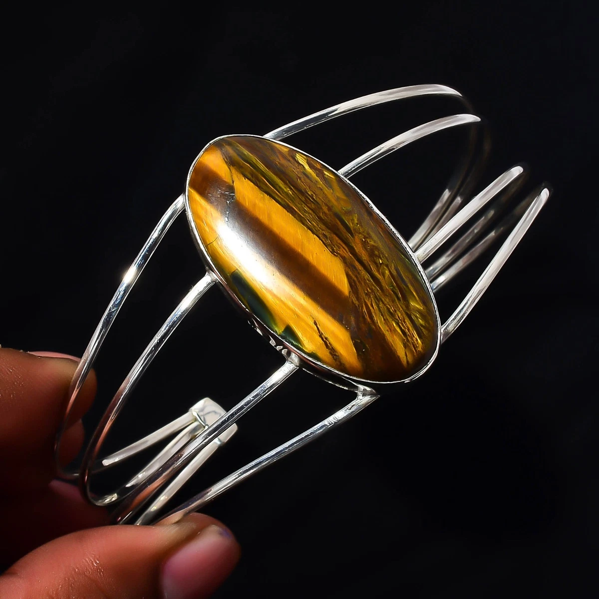 Tiger Eye Gemstone 925 Sterling Silver Handmade Bangle Jewelry Gift For Wife