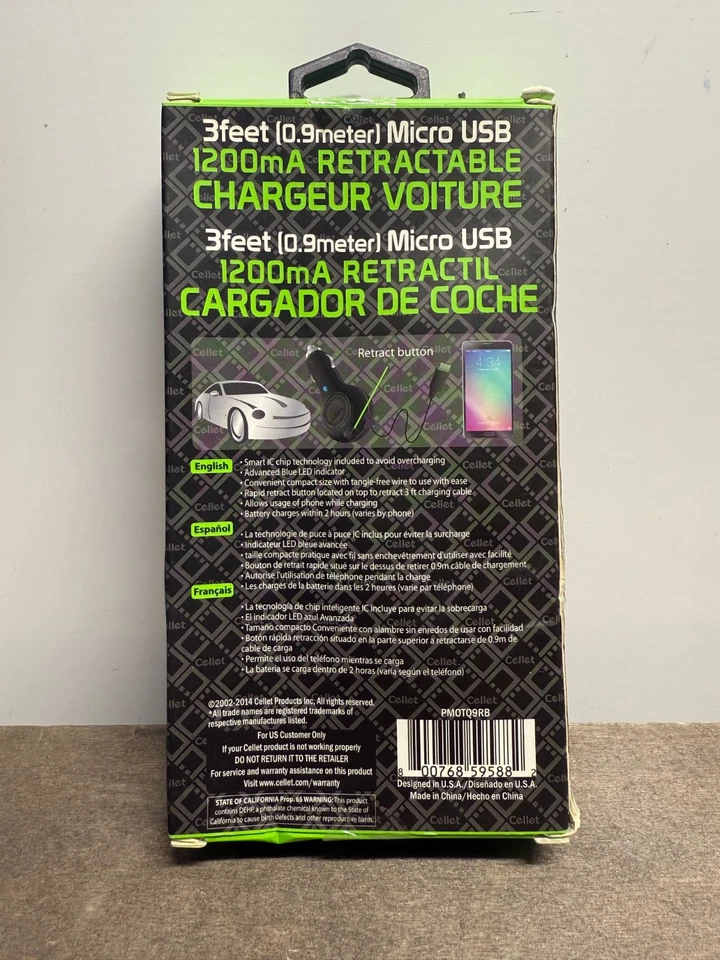 Cellet Retractable 1200mA Micro USB Car Charger-Fast Ship - Image 2 of 3