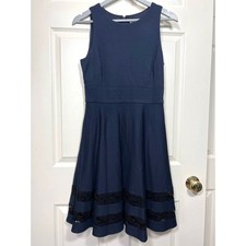 Eliza J Fit & Flare Dress Sleeveless Crewneck Lace Trim Navy Blue Women's Size 8