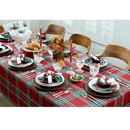  Linen Tartan Plaid Tablecloth 60 x 90 Inch  90" x 60" (Rectangular) Red Madras - Image 3 of 4