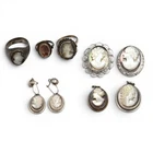 VINTAGE MOP CAMEO EARRING RING BROOCH PENDANT STERLING SILVER 8 PIECE LOT