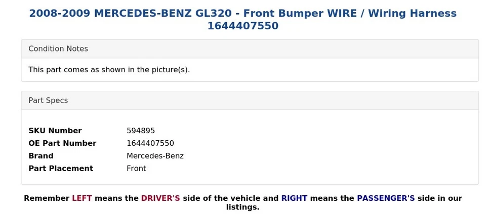 2008-2009 MERCEDES-BENZ GL320 - Front Bumper WIRE / Wiring Harness 1644407550 - Image 3 of 4